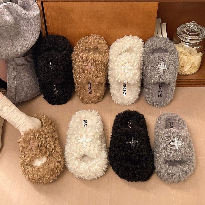Fashion Non-Slip Plush Slippers Women Wear Soft Soles Comfortable Lazy Pedal Home Indoor Fluffy Shoes Drag
