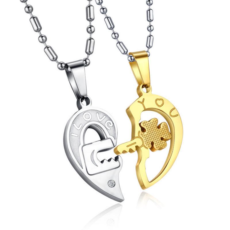 Couple Necklace Lock, a Pair of Heart-shaped Keys, Titanium Steel Necklace Pendant, Fashionable