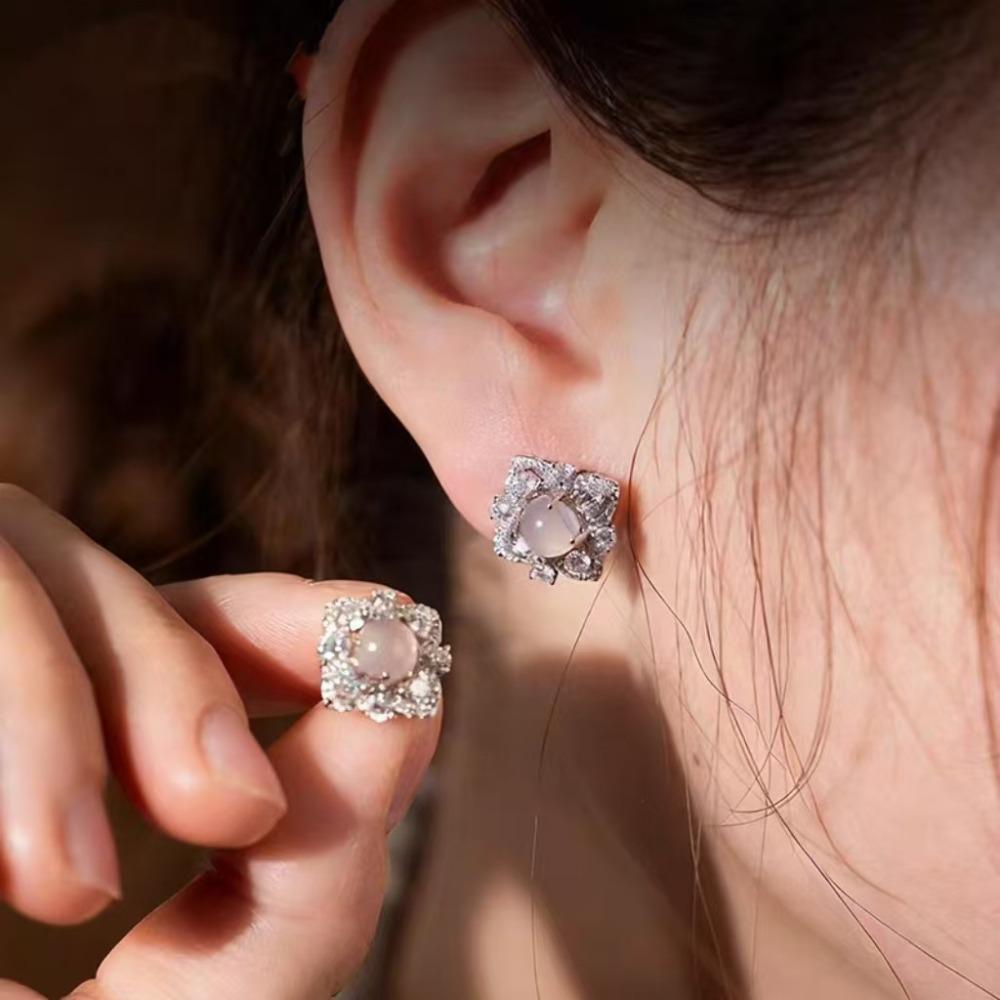 Elegant Flower Earrings with Simulated White Chalcedony and Full Diamonds for Women Minimalist Luxury Ear Jewelry