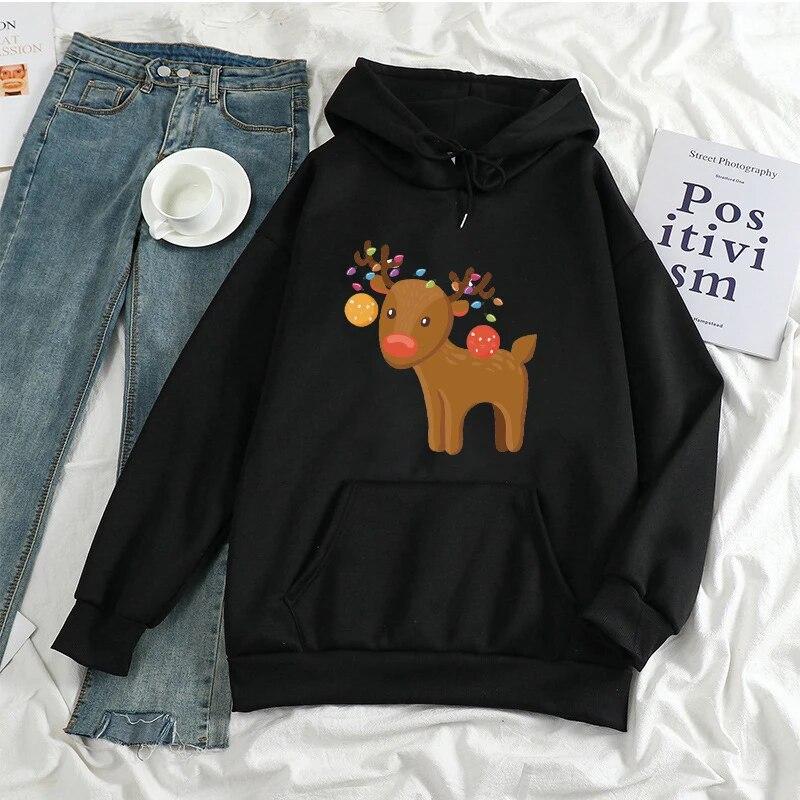 KAWAII Christmas Elk Hoodies Women Unisex Harajuku Fashion Xmas Streetwear Autumn Winte Warm Hooded Sweatshirts Pullover Ropa Mujer