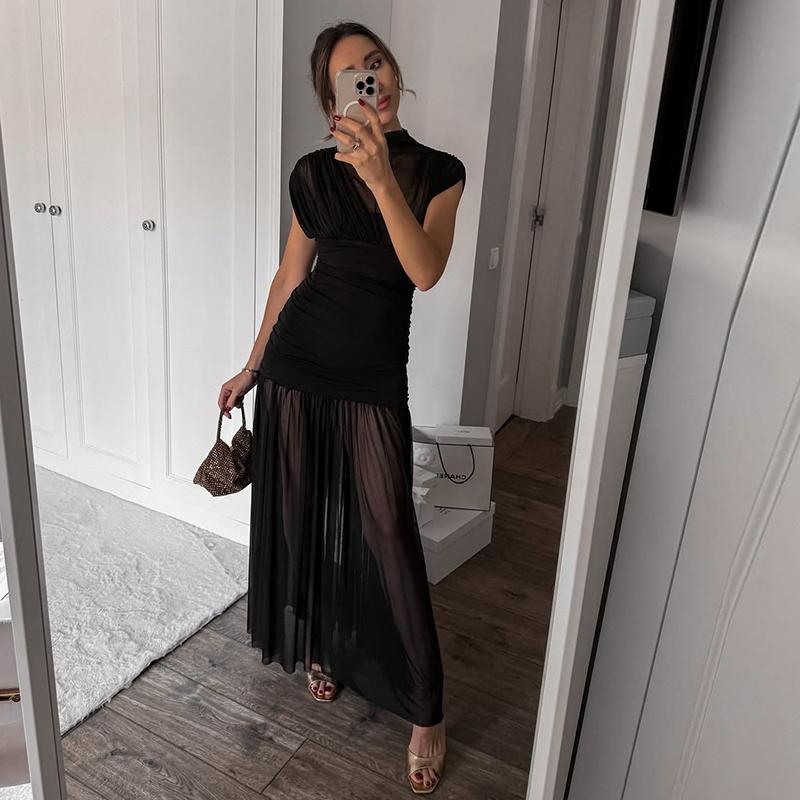 Black Mesh Maxi Dress For Women Sexy Sleeveless See-Through Pleated Party Dress Female Fashin Bodycon Long Dress 2025