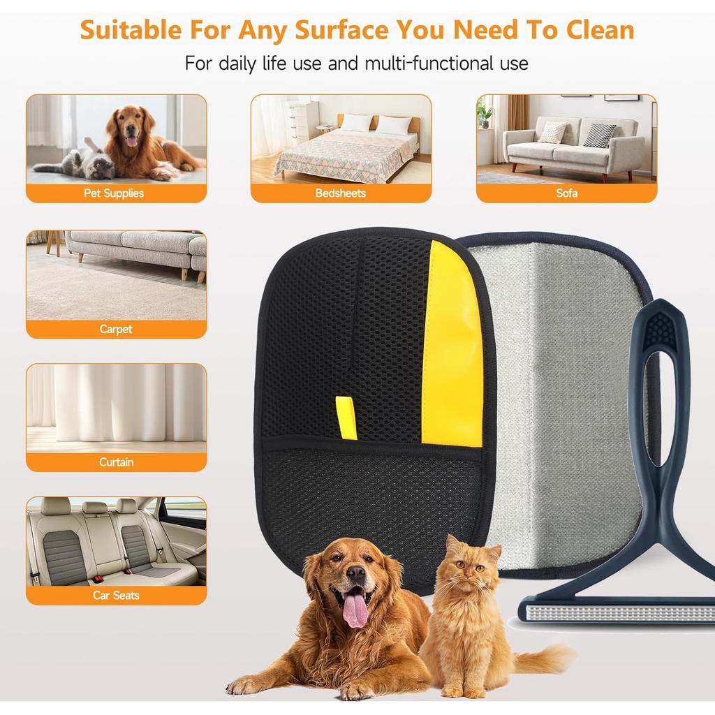 2-in-1 Pet Hair Remover Suitable for Cats and Dogs- Static Hair Removal Gloves and Sticky Brush- Special Static Cleaning Tool for Clothes, Car Seats