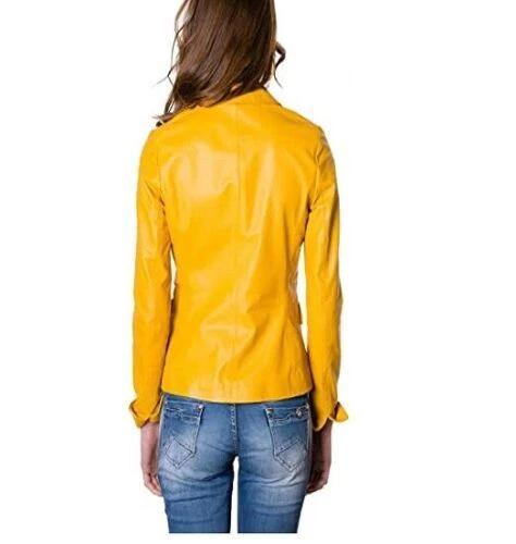 Blazer Button Women Real Genuine Lambskin Leather Party Wear Stylish Yellow Classic