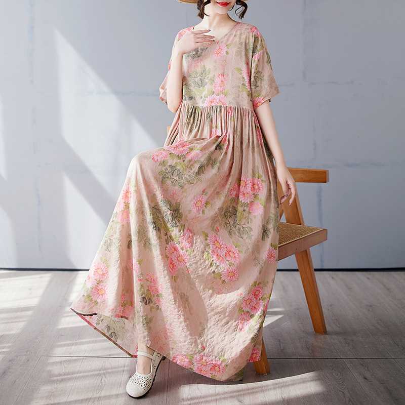 Simple and Fashionable Long Skirt Summer Short Sleeved Round Neck Printed Dress