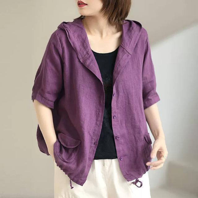 Summer Women Oversized Cardigan Hooded Coffee Purple Cotton Linen Casual Loose Blouse Plus Size Vintage Ladies Thin Coat Korean Fashion