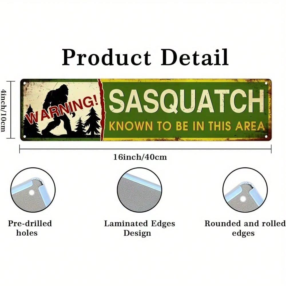 Rustic Sasquatch Metal Tin Sign 4x16 Inches, Vintage Green Yellow Wall Art, Black Silhouette