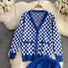 Autumn Winter Vintage Plaid Knitted Sweater Pant 2 Piece Set Women Tracksuit Single Breasted Jacket Coat + Ankle Length Trousers Outfits