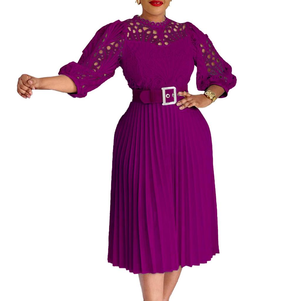 C8595 Women's Solid Color Lace Crochet Pleated Dress