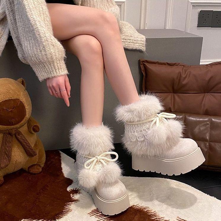 Premium fuzzy boots fashionable thick-soled small cute hairball snow boots winter new plush warm