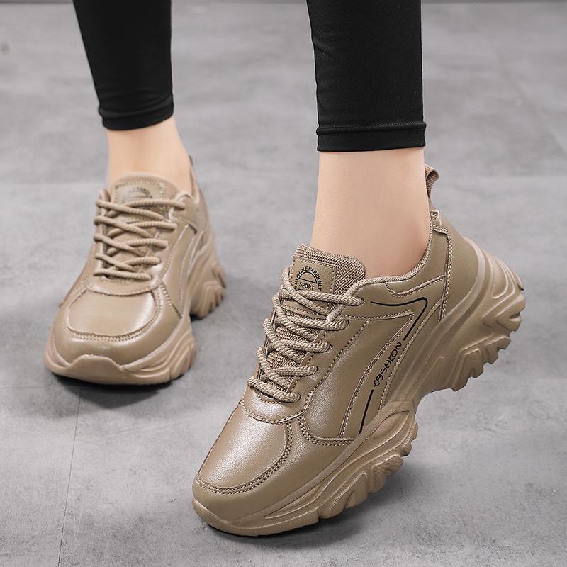 Zwarte Waterdichte Leren Sneakers voor Dames - Dikke Zool, Lichtgewicht, Antislip Casual Reisschoenen