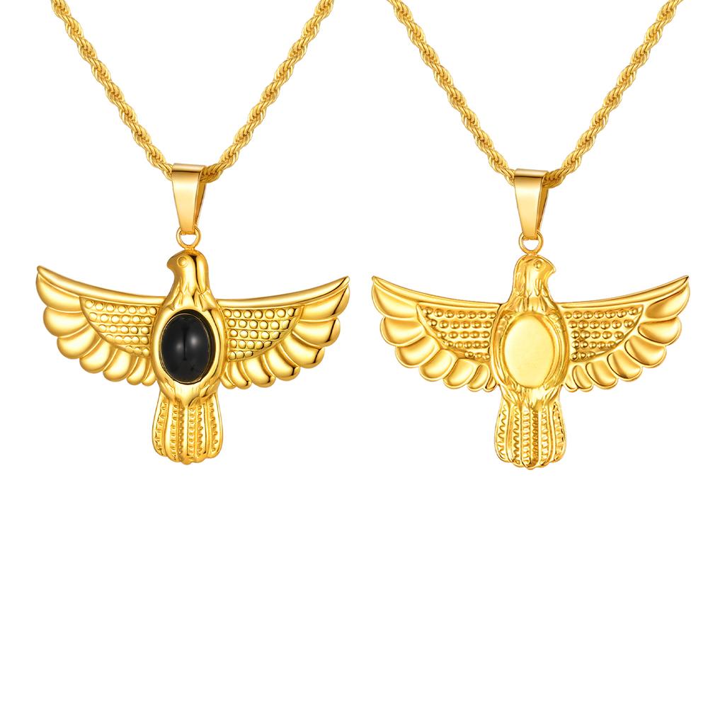 Retro Punk Egyptian Eagle Necklace Women Stainless Steel Black Onyx Stone Horus Falcon Pendant Vintage Hip Hop Jewelry