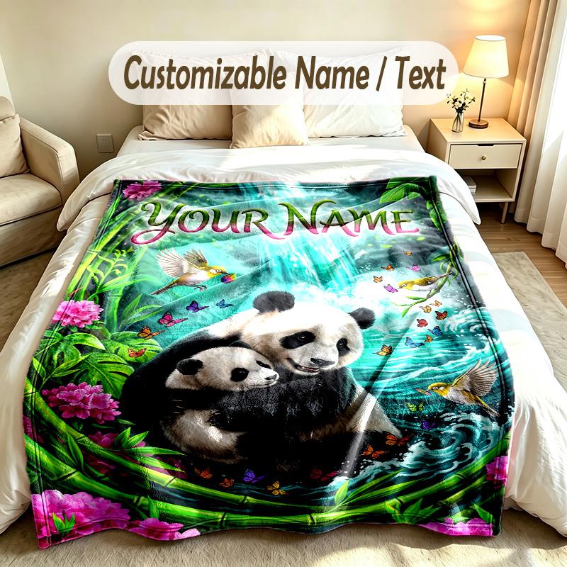 Bear Panda Theme Soft Blanket Personalized Custom Name Text Print Warm Blanket Home Sofa Bedroom Decor