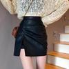 Women's High Waist Slit Pleated PU Mini Skirt - Slimming A-Line, Anti-Exposure, Hip-Hugging