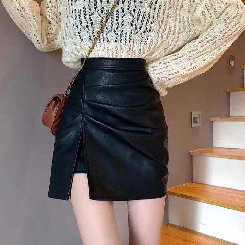 Women's High Waist Slit Pleated PU Mini Skirt - Slimming A-Line, Anti-Exposure, Hip-Hugging