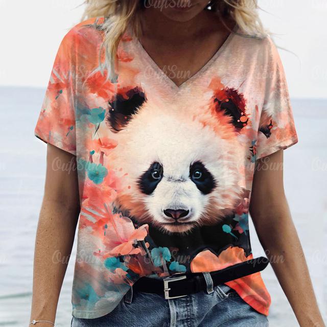 Loose Plus Size Woman Clothing Summer V-Neck Short Sleeve T-Shirts 3d Animals Panda Print Tops Women's Casual T Shirts Clothing
