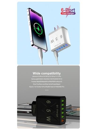 65W QC3.0 6-Port USB Fast Charger for Mobile Phones - US/EU/UK Standard