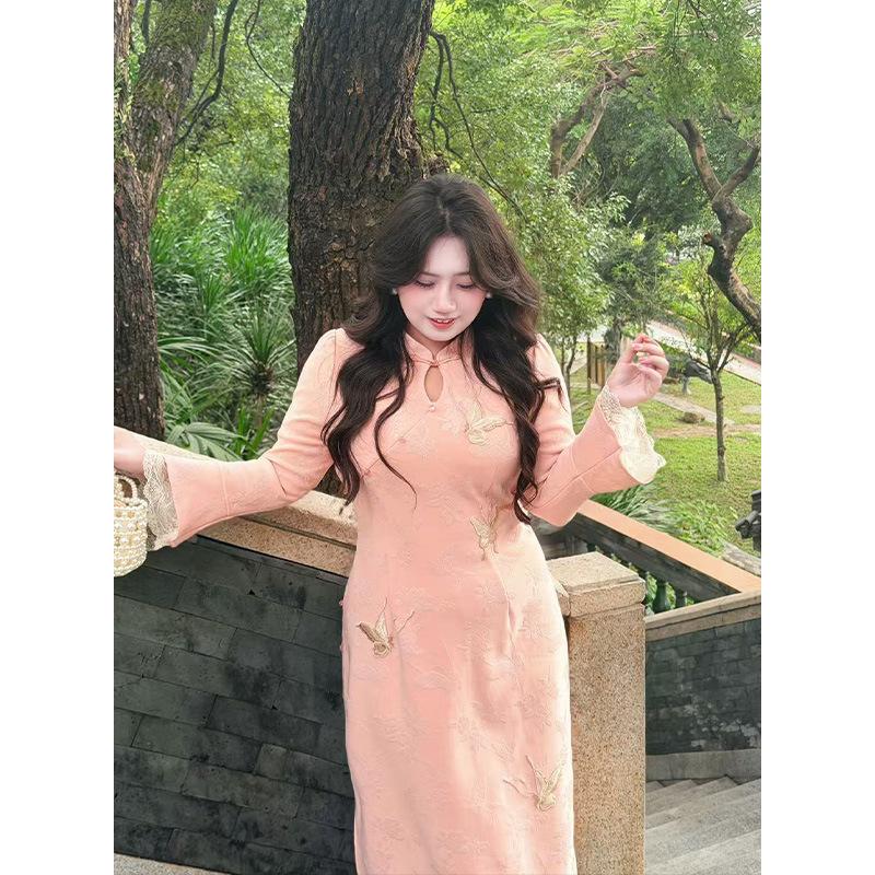 8 Fat MM national style new Chinese style winter new waist thin fashion foreign style daily large size cheongsam L( 55-65kg ) розовый