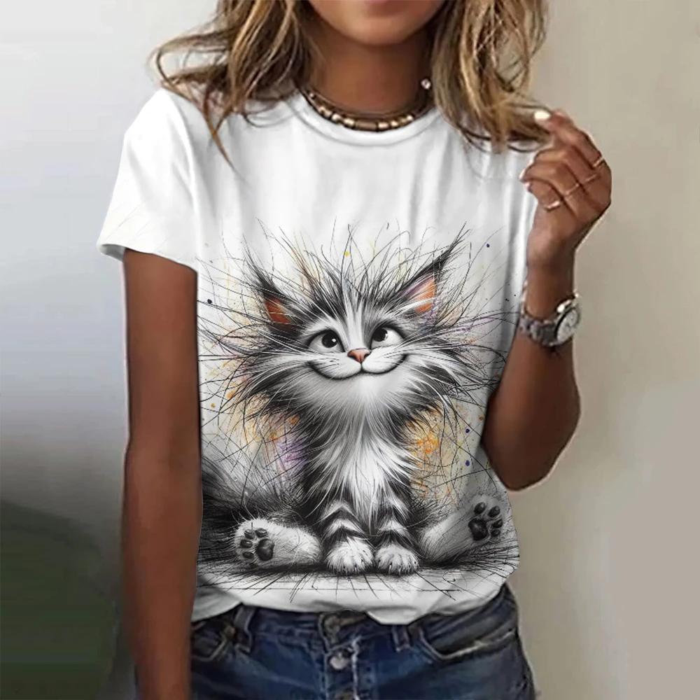 Summer Round Neck 3D Cartoon Animals Print Top Fashionable Casual Short Sleeved Women's T-shirts