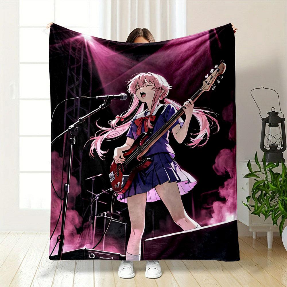 A Girl Passionately Playing Bass On Stage Under Pink Spotlight Effects. for All Seasons Blanket Lunch Break Throw Gift