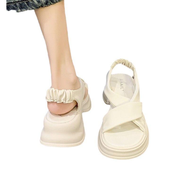 Platform sandals women's 2025 summer new muffin round head elastic band cross belt one-word women's casual sandals