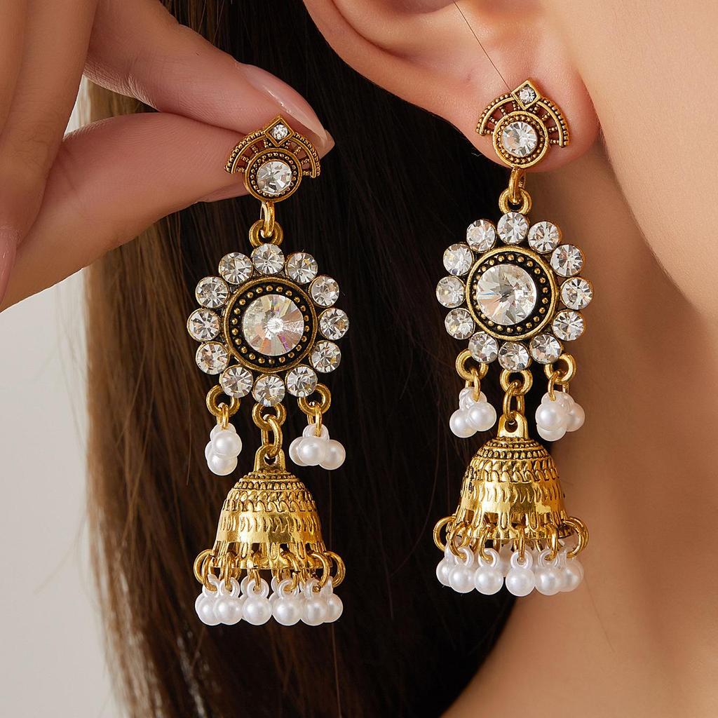 Cross-Border Ethnic Tassel Rhinestone Pearl Earrings for Women - Luxurious, Trendy Retro Studs
