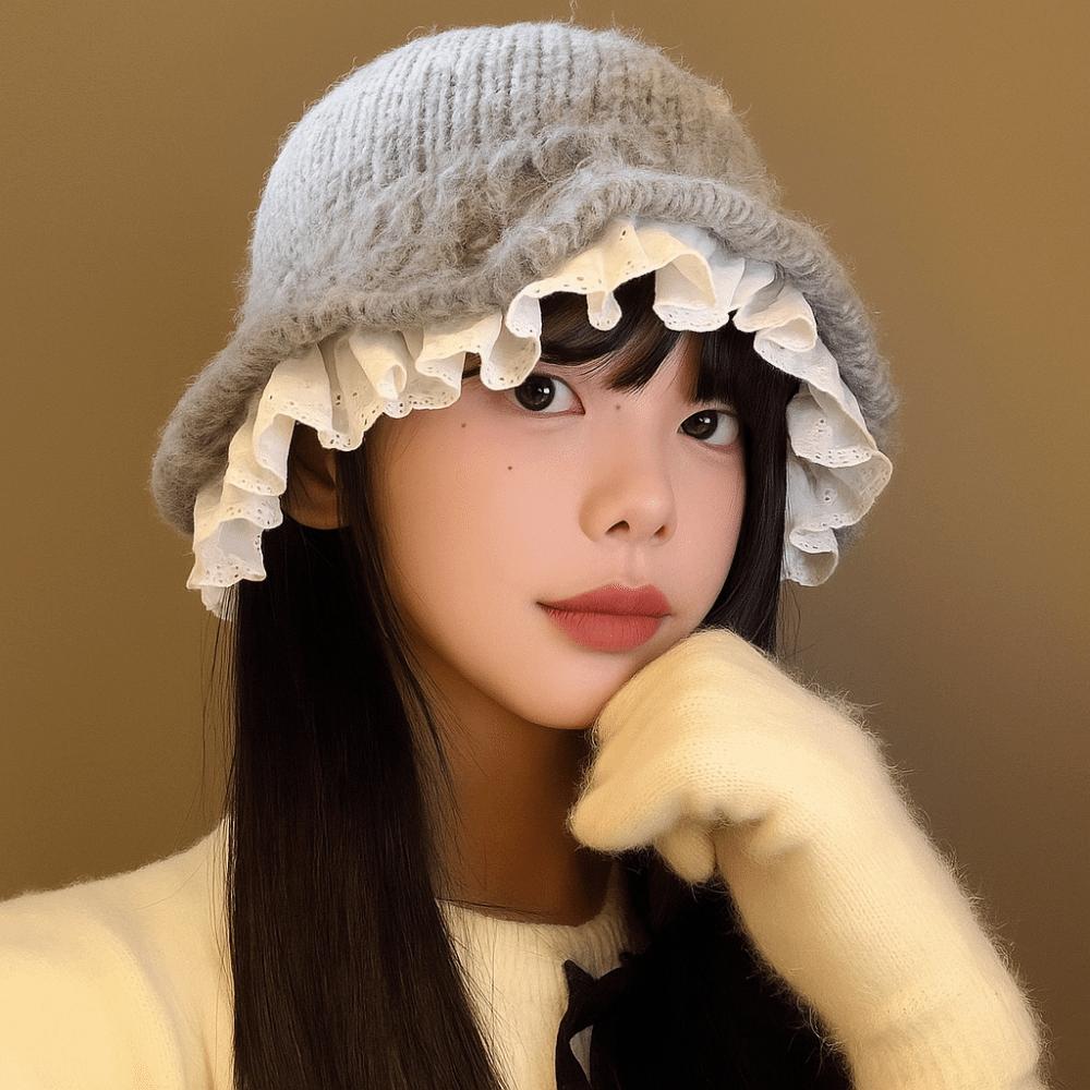 Lace Trim Women Bucket Hat Yarn Beanie Hat Sweet Knitted Fisherman Hat  Outdoor