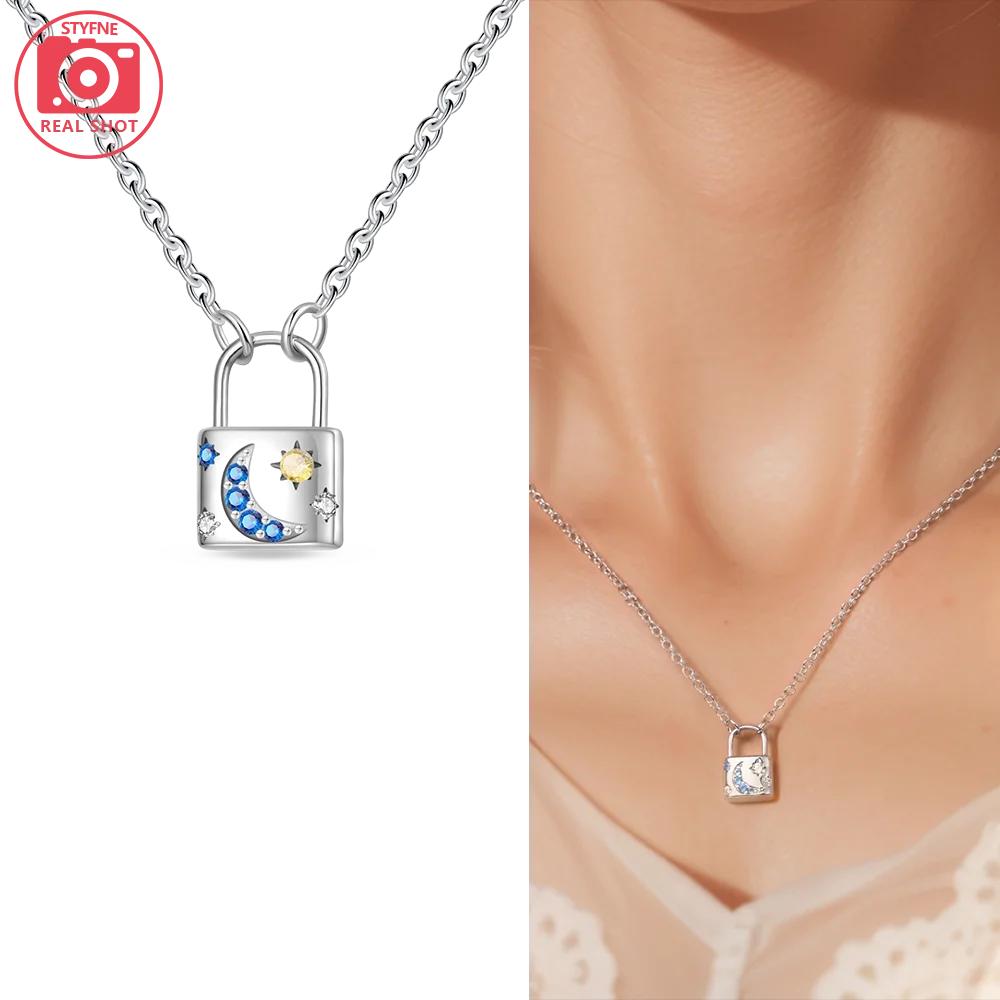 Authentic copper Necklaces Starry Sky Pendant Blue Zircon Moon Star Shape Heart Necklaces Women Jewellery Classical Anniversary Gift