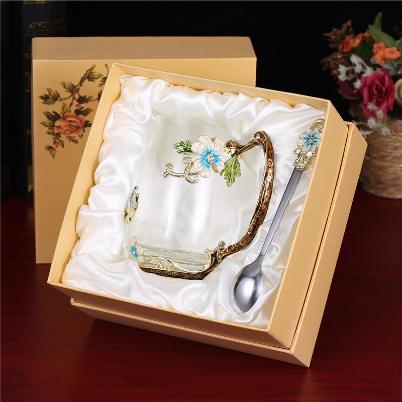 Heat-Resistant Enamel Flower Tea Cup, Creative Painted Crystal Glass Coffee Cup with Handle