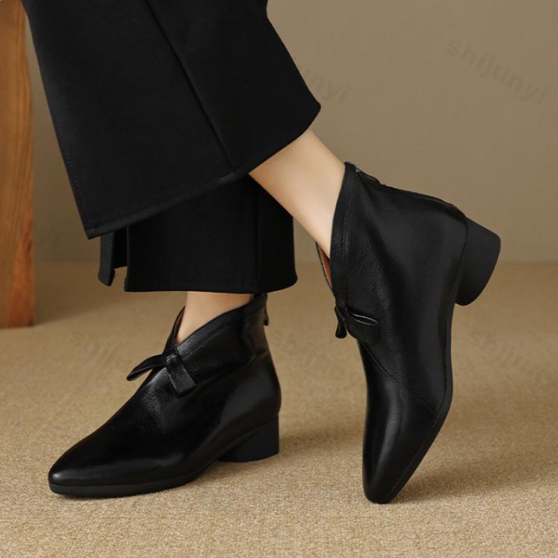 Autumn New Women Short Boots Comfortable Fashion Bow Knot Soft Sole Middle Heel Shoes Height Increase Wear Resistant Ankle Boots