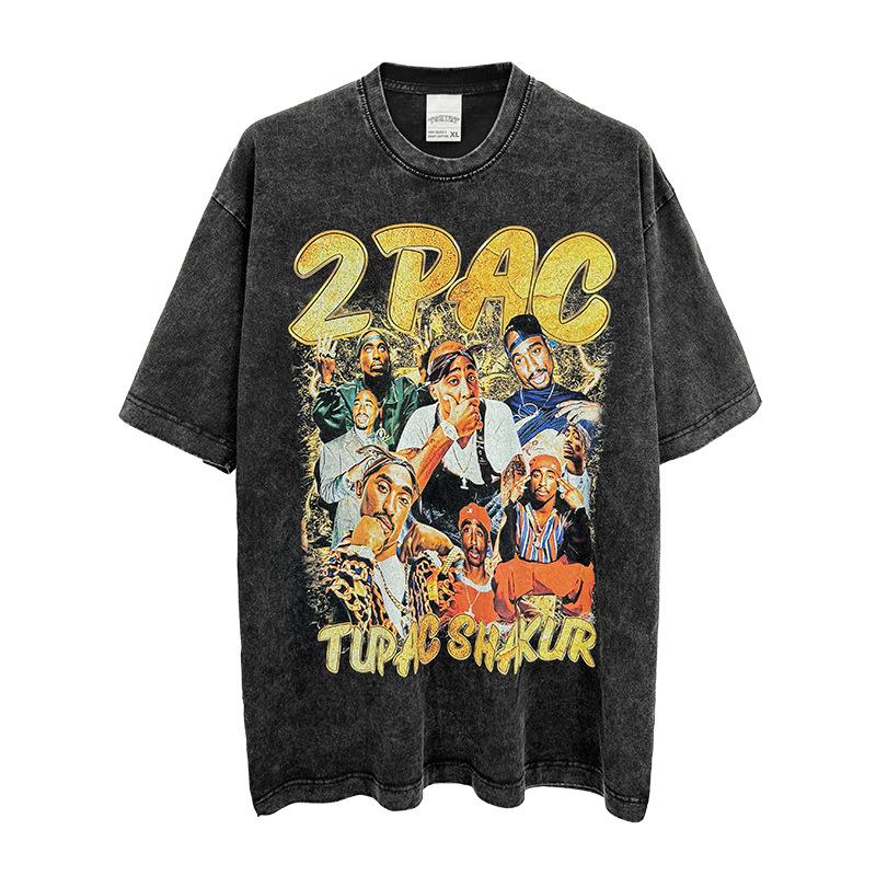 230G fabric cotton T European size cross-border American Tupac heavy retro hip-hop printed short-sleeved T-shirt