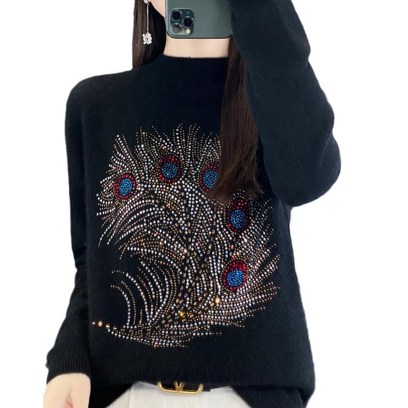 Women's Autumn Rhinestone Semi-High Neck Knitted Pullover Sweater - Loose, Slimming, Fashionable