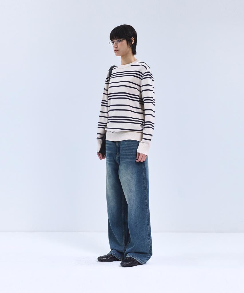 IRONYPORNO WHITELINE 86-Iroj368 Classic Small Stripe Long Sleeve Knit Beige