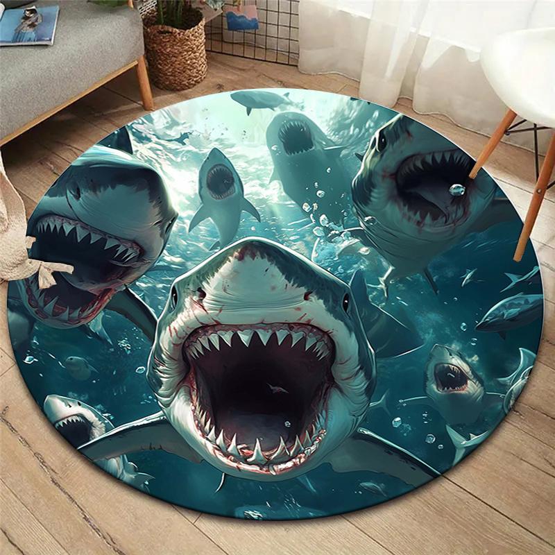 shark Round Area Rug,Carpet Rug for Living Room Bedroom Sofa Playroom Decor,Non-slip Floor Mat