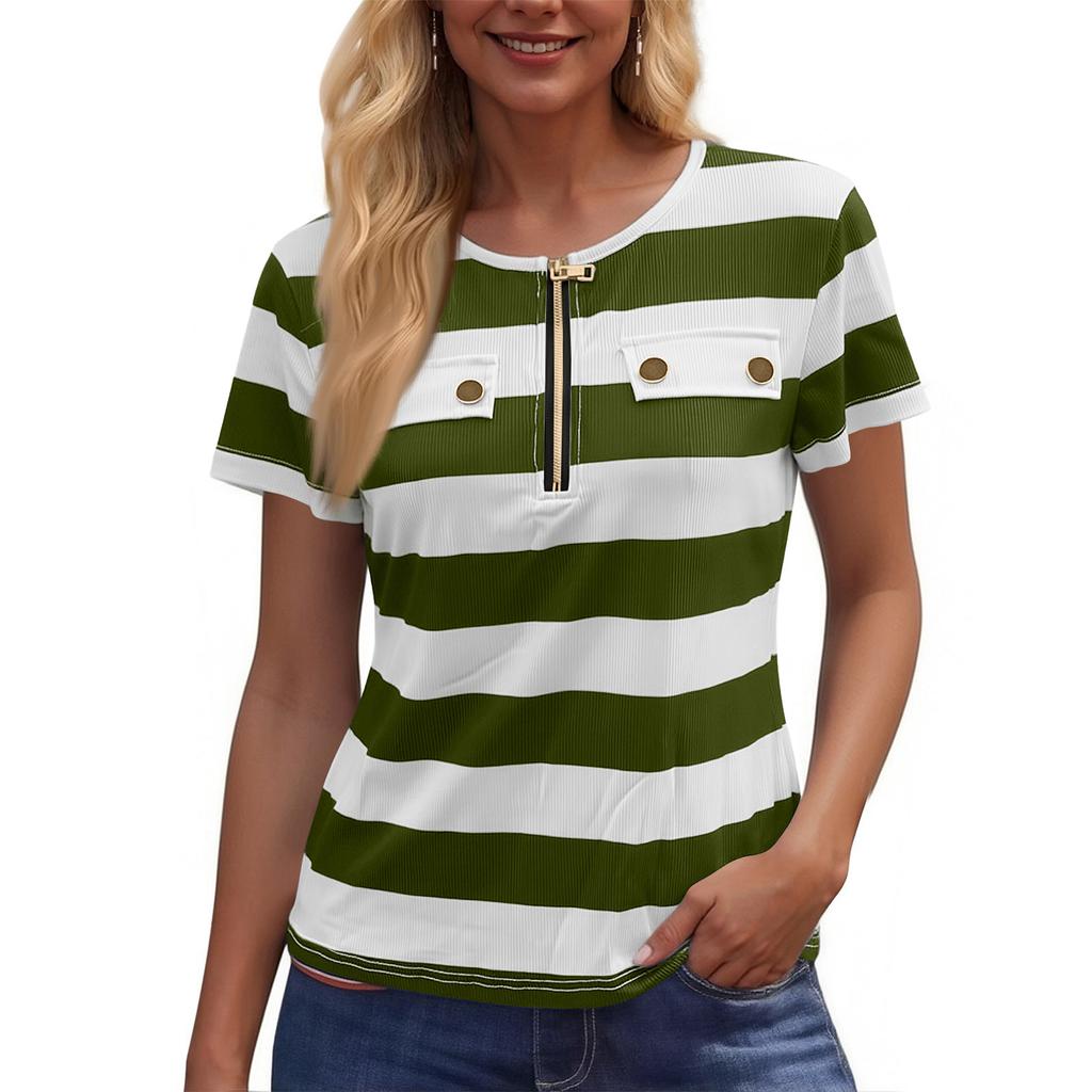 Women's Fashion Color Matching Short Sleeve Round Neck Zipper Top