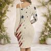 Women Plus Size One Shoulder Cold Shoulder Long Sleeve Printed Chain Strap Cross Hem Bodycon Dress