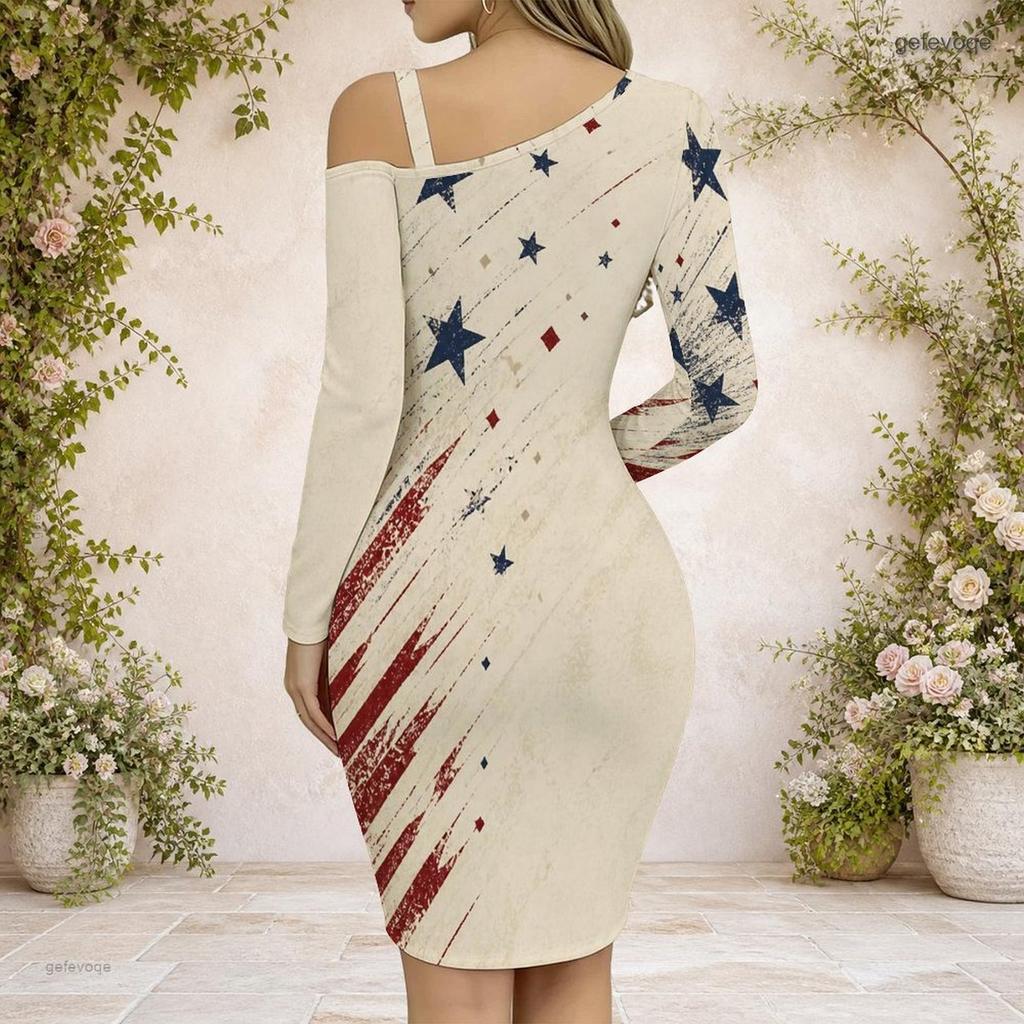 Women Plus Size One Shoulder Cold Shoulder Long Sleeve Printed Chain Strap Cross Hem Bodycon Dress