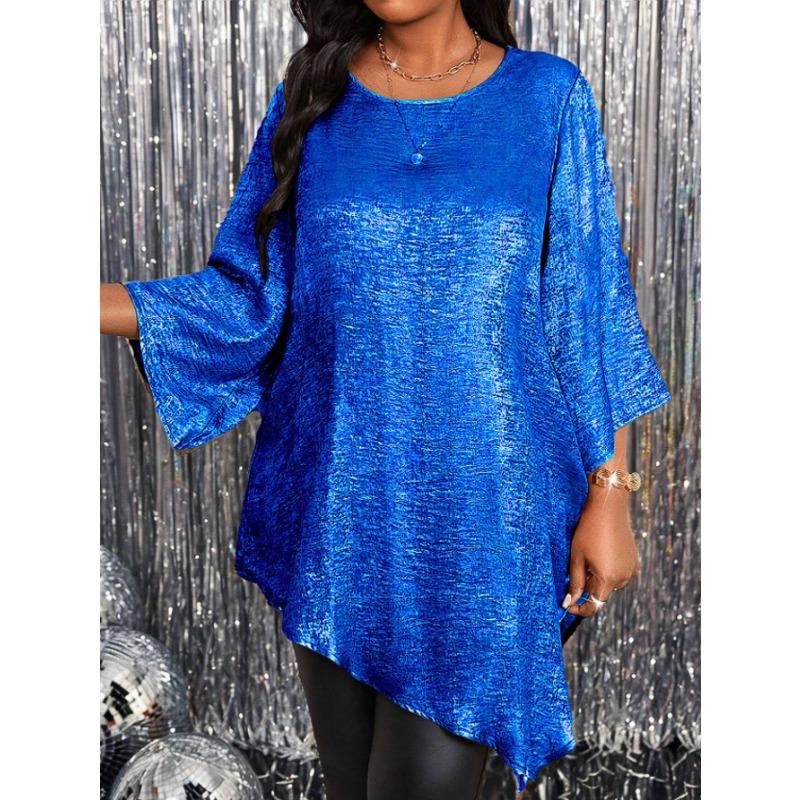 Plus Size Loose Round Neck Three Quarter Sleeve Irregular Hem Top For Women