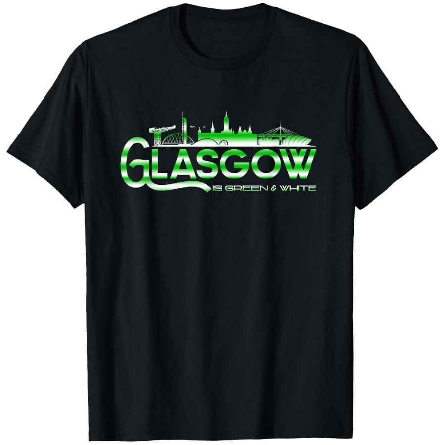 Men'S Glasgow Style Green And White T-Shirt - Casual Crew Neck Short Sleeve T-Shirt with Urban Landscape Pattern, Geometric Print T-Shirt