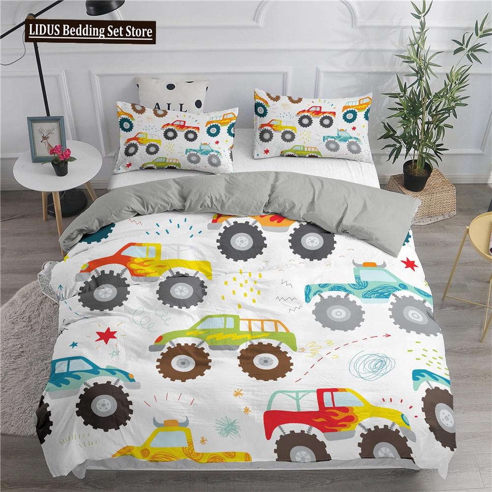 Cartoon Feuerwehrauto King Queen Bettwäscheset für Jungen Kinder Betonmischer Bettbezug Traktor Kran Bagger Polyester Quiltbezug