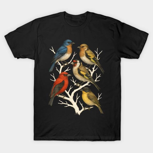 

Men Black Print T-shirt Colorful Songbirds On Branches Birdwatcher Nature Lover Ornithology No-Cut Transfer Paper Print Cotton Tshirt 3XL чёрный