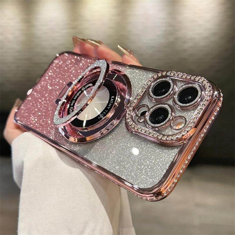 Luxury Plating For Magsafe Magnetic Stand Holder Glitter Diamond Case For iPhone 17 16 15 11 12 13 14 Pro Max Silicone Cover