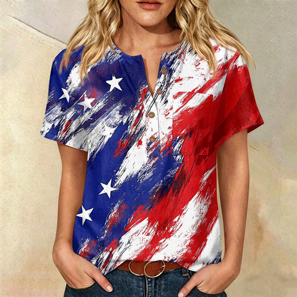 Damen Henley-Shirt mit kurzen Ärmeln und Fronttasche aus Baumwoll-Leinen-Mischgewebe Patriotischer Print Sommerliches Freizeit-Oberteil