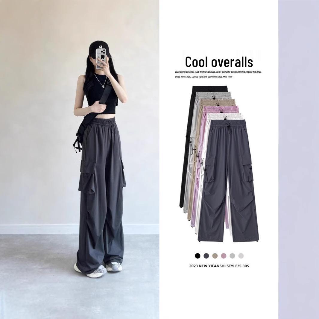 

Women s Gray Wide-Leg High Waist Cargo Pants - 2025 Spring/Autumn Parachute Style S