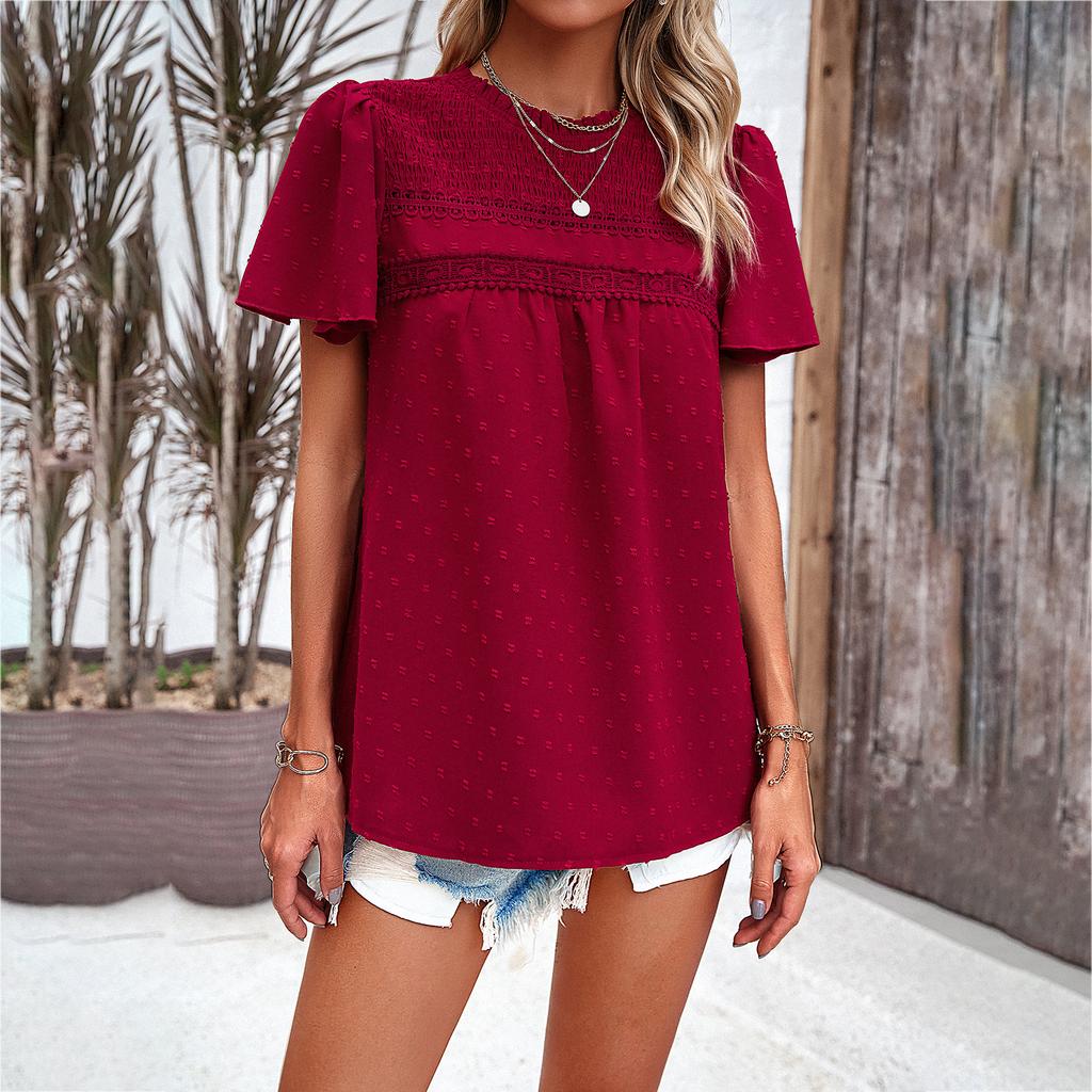 Diyun European and American Women's Clothing Spring and Summer Temperament Solid Color Short-sleeved Lace Top