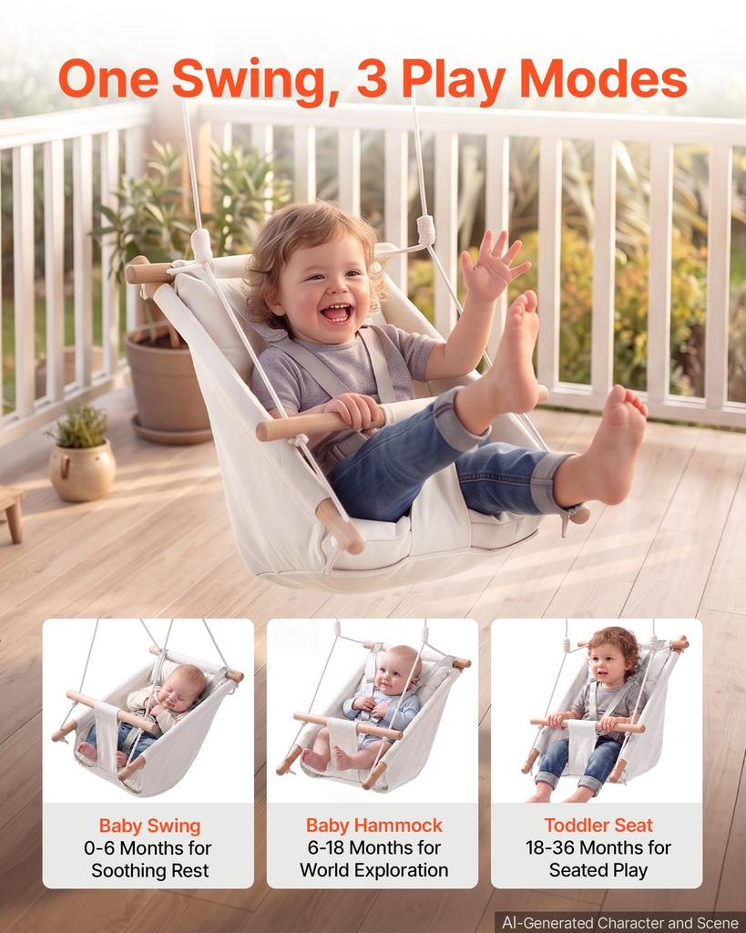 Baby Swing 30 kg Weight Capacity 3 Modes Canvas Hammock Swing White, for Indoor and Outdoor, 5-Point Harness and Tree Straps, Wooden Hanging Seat with