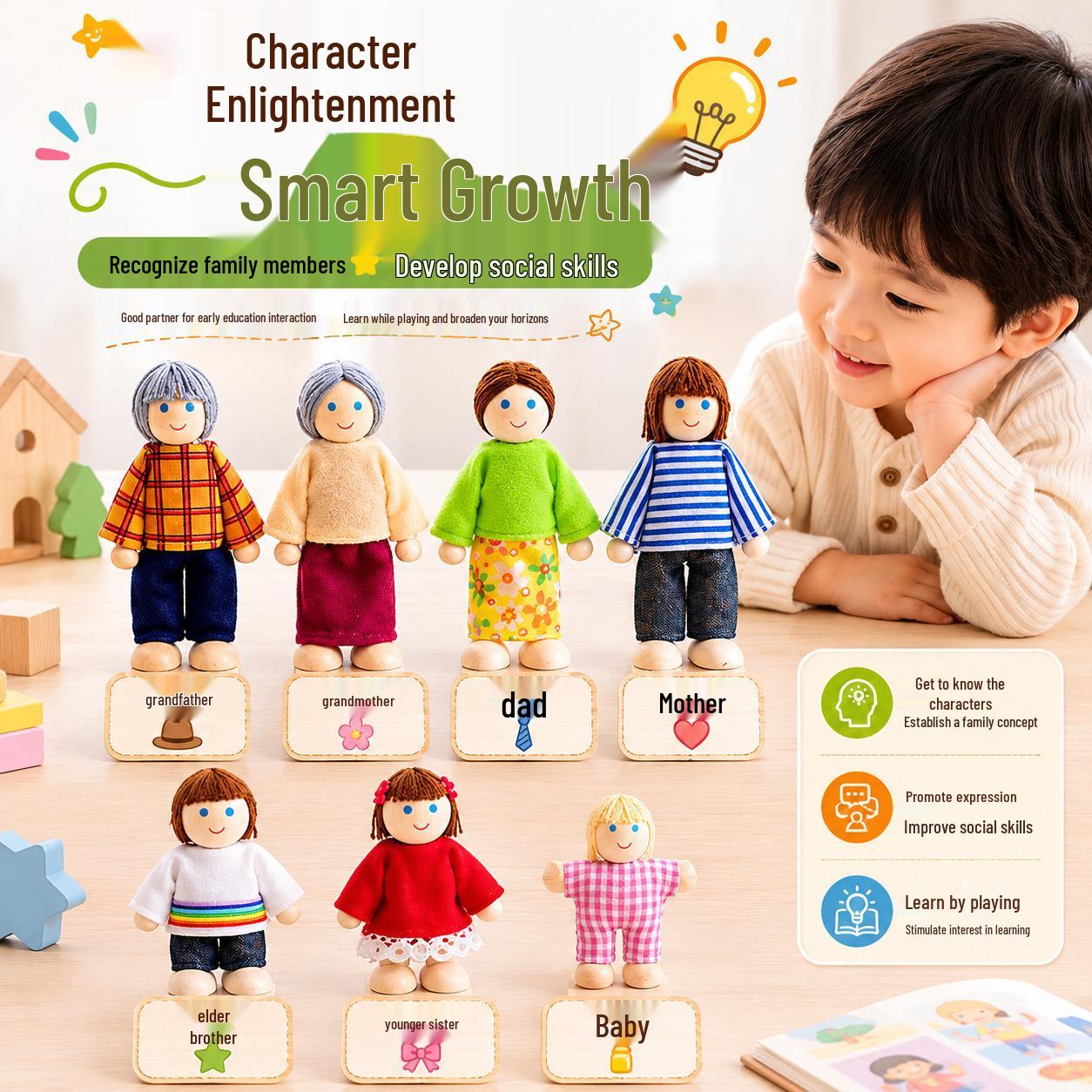 Wooden Seven-Person Family Dollhouse Playset for Early Education Seven-Person Family (White Edition)