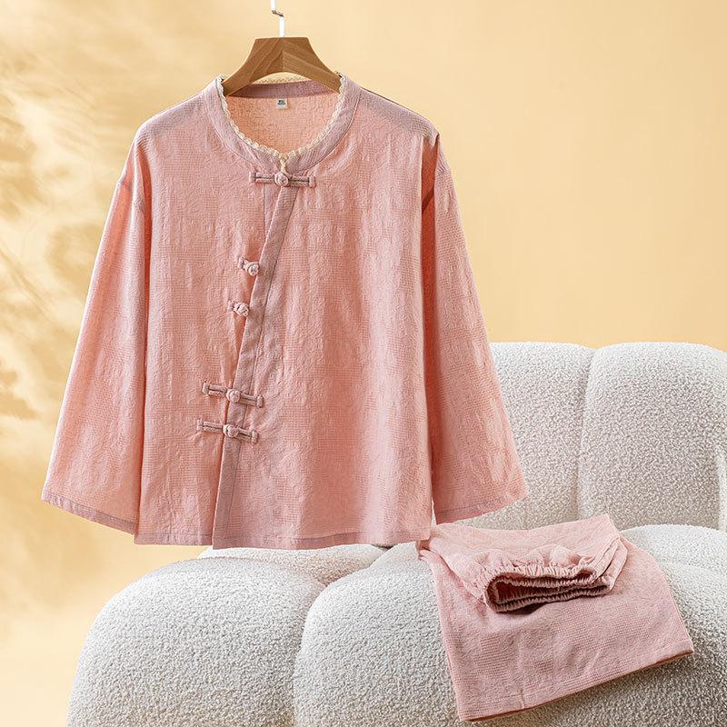 Pajamas women's Class A pure cotton autumn new solid color, button retro jacquard long-sleeved trousers loungewear set