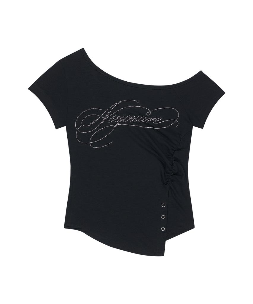 Aejeuyua Button Incision One-Shoulder Tee Black