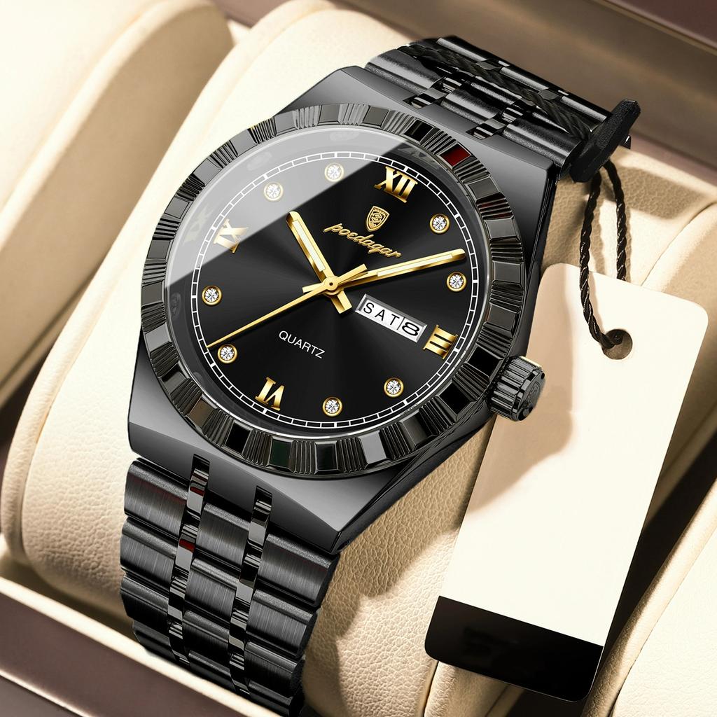 POEDAGAR Original Military Man Wristwatch Quartz Week Date Watch For Men Waterproof Luminous Stainless Steel Men's Watches