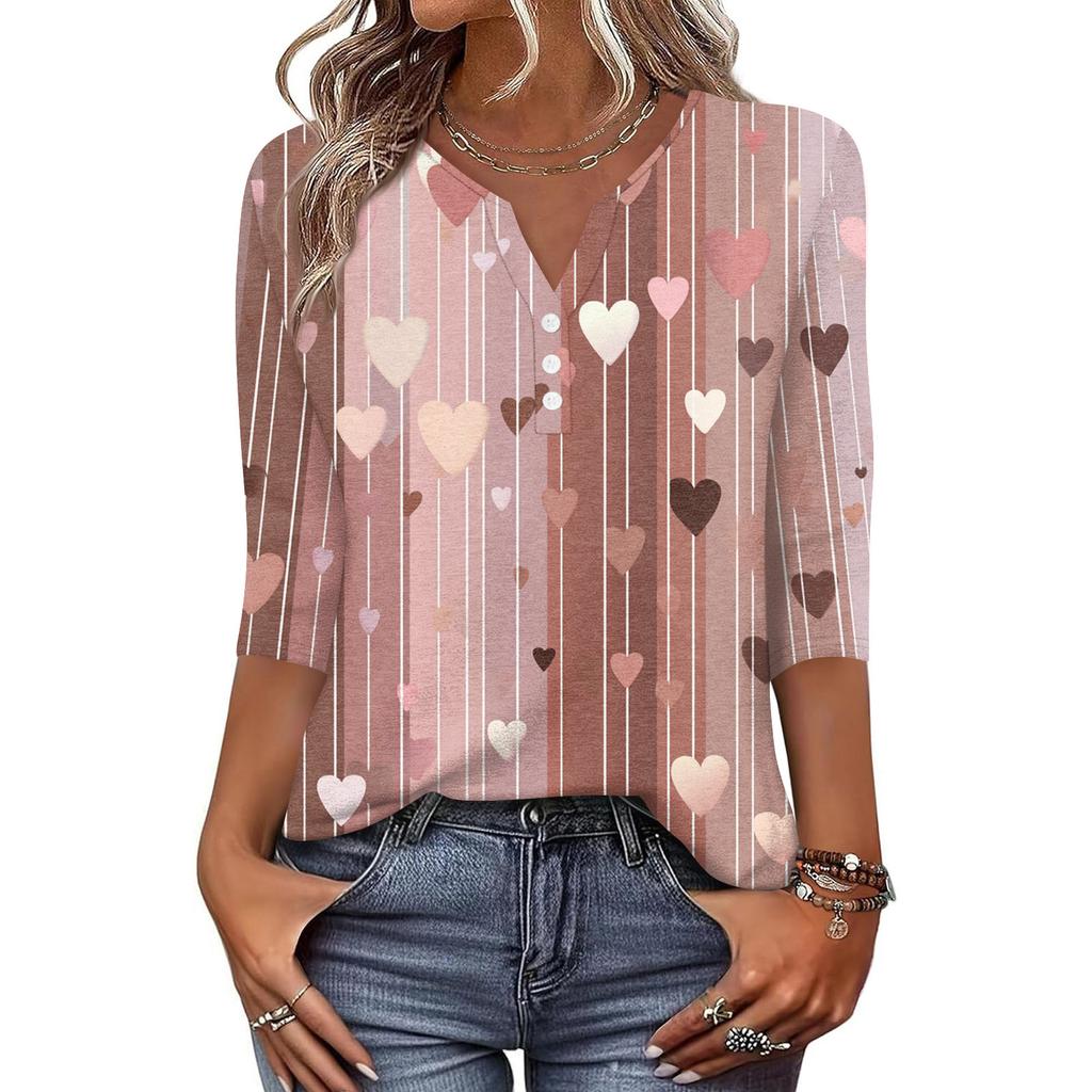 Camiseta feminina estampada com botões, manga 3/4, moda diária, de fim de semana, básica, decote em V, top regular